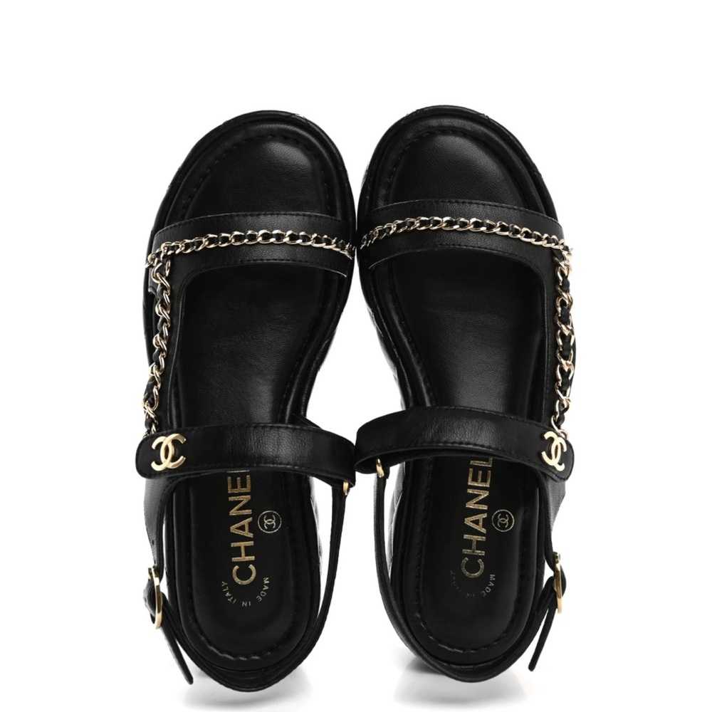 CHANEL Black Platform Sandal with Gold Chain Trim - Picture 9 of 12